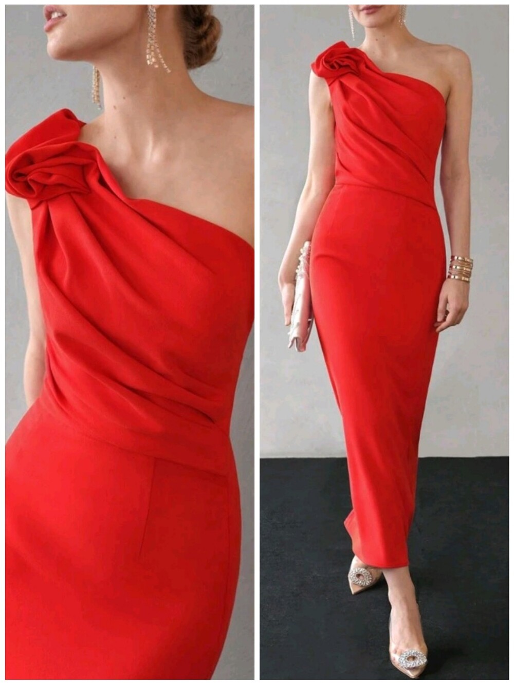 New Luxe Ruched One Shoulder Maxi Dress Mermaid Red